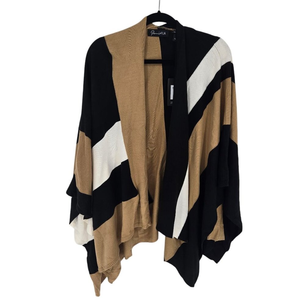 Parrish LA black tan white color block open front poncho cardigan One size NWT